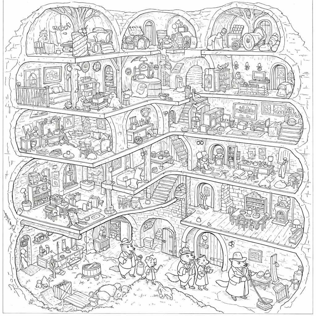 A detailed, whimsical underground scene with various rooms, furniture, and characters in a cozy, burrow-like setting.