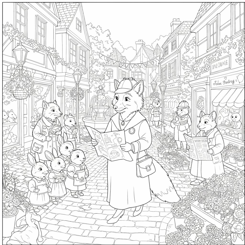 A detailed illustration of anthropomorphic animals in a quaint village setting, engaging in various activities.
