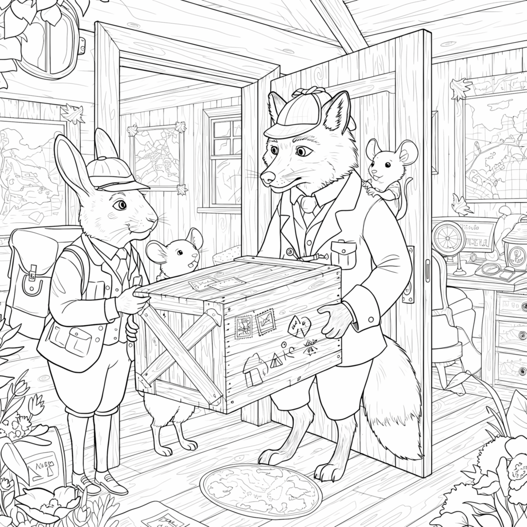 A whimsical scene featuring anthropomorphic animals in a cozy room, exchanging a mysterious crate.